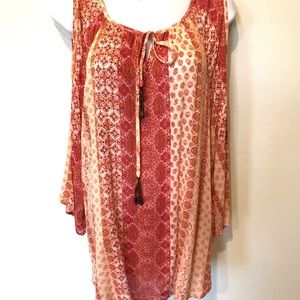 RuffHewn Orange Pattern Cold Shoulder Tunic Blouse Size Medium